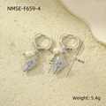Detailed view of silver seashell pendant with round white pearl on stainless steel earrings - Silver Conch Pearl Hoop Dangle (NMSE-F659-4)