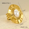 Golden stainless steel ring with oval pearl inlay and elegant wavy frame design - Gold Wavy Oval Pearl Style (NMSH-F732-1)
