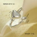 Macro d'une bague ouverte en acier inoxydable argenté avec deux cœurs polis - Style Double Cœur Argenté (NMSR-B731-8)