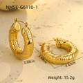 Detailed view of gold chunky hollow hoops with 3D spiral texture and dimensions - Textured Wave Large Hoop (NMSE-G6110-1) / Gold