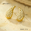 Macro de pendientes de gota en oro 18K con pequeñas perlas blancas sobre base de piedra - Pendientes de Gota de Agua con Perlas Artificiales Incrustadas Vintage (NMSE-C841-1) / Chapado en oro 18K
