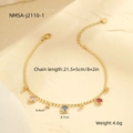 Detail of beaded gold anklet with multi-color gemstone pendants and dimension specs - Colorful