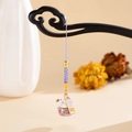 Detail of ceramic pink flower lucky cat charm with purple woven cord and golden clasp - Purple Lucky Cat (K5896)