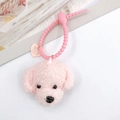 Cute pink teddy dog plush keychain with heart tag and bell for bag decoration - Pink With Heart