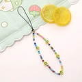 Detail view of colorful beaded phone strap with yellow smiley face beads and gold accents - Glass Beads & Smiley Phone Chain (K1184)
