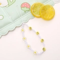 Beaded wrist phone strap with white pearls, yellow smileys and transparent flowers - Smiley & Flower Style (K792)