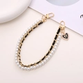 Elegant phone chain variant with white pearls and black leather gold woven strap - Woven Leather Pearl Heart Strap (K207) / Black
