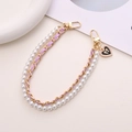 Elegant phone chain with white pearls, purple leather woven gold link, and heart charm - Woven Leather Pearl Heart Strap (K210) / Purple