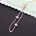 Detailed view of handmade beaded phone strap with light pink beads and white cloud charms - Pink Cloud Style (K1814)
