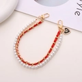 Dual-strand phone chain with white pearls, red ribbon, and black heart bow pendant - Woven Leather Pearl Heart Strap (K211)