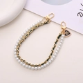 Green leather chain and white pearl phone strap with a heart shaped bow charm - Leather Woven Pearl Heart Handheld Chain (K212)