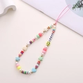 Detail of handmade beaded phone strap with colorful clay discs and HAPPY letter beads - K789 Happy Letter Phone Chain