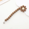 Detail view of matte mocha silicone beads and daisy clip for baby pacifier chain - Khaki Daisy Style (K698)