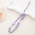 Detailed view of handmade beaded phone strap with purple heart beads and white pearls - Pearlized Purple Heart Style (K1100)