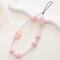 Pink and white beaded phone charm strap with cute pig bead and pearl accents - Pearlized Pink Cat Head Style (K1111)