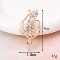 Detailed view of rose gold wheat brooch with rhinestones and precise size measurements - D942 Rhinestone Flower