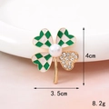 Detail view of 4cm clover brooch with green checkered enamel, crystals and pearl - D439 Enamel Four-leaf Clover