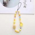Handmade yellow and white beaded phone strap with smiley face cube and heart charm - Yellow Smile Block Style (K1073)