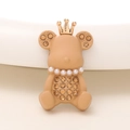 Macro view of brown resin crown bear charm with pearl necklace and rhinestone details - Crown Bear (D1754) / Khaki