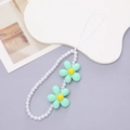 Detail of white faux pearl phone strap with mint green frosted flower charms - K1104 Flower Pearl Phone Chain (Green)
