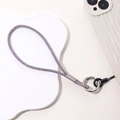 Close-up of luxury light purple rhinestone phone charm strap with silver metal ring buckle - 4mm Short Diamond Chain (K467) / Purple