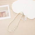 Close-up of pearl bead phone strap with iridescent butterfly charm and heart beads - Iridescent Butterfly Style