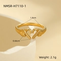 Detailed close-up of golden hands holding heart ring with dimensions and weight info - One Size / Large (NMSR-H7110-1) / Gold