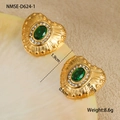 Detailed macro view of heart earrings with green gemstones and golden brushed texture - Court Heart Style (NMSE-D624-1)