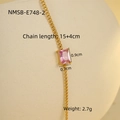 Detailed view of gold stainless steel bracelet with dimensions and pink zircon gem specs - Simple Pink Square Diamond Bracelet (NMSB-E748-2)