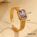Macro detail of vintage gold steel ring with emerald-cut purple zircon stone - Rectangular Gem Style (NMSR-G355-1)