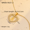 Close-up of 18K gold heart pendant with zircon letter B and adjustable chain dimensions - 18K Gold / Letter B (NMSN-H631-2)