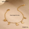 Detailed view of a gold stainless steel bracelet featuring five delicate charms on beige sand - 18K Gold / Gold Rose Style (NMSB-G324-1)