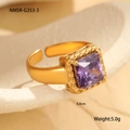 Macro detail of 18K gold-plated ring with purple zircon stone and twist border - Braided Square Stone Style (NMSR-G353-3)