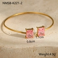 Detail of 18K gold plated stainless steel bangle with pink rectangular zircon stones - Tapered Square Pink Gem Style (NMSB-K221-2)