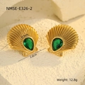 Detail view of 18K gold shell earrings with green teardrop stones and measurements - Scallop Waterdrop Stone Style (NMSE-E326-2)