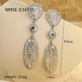 Detailed view of silver heart drop earrings with green beads and size measurements - 18K Gold / Steel Color with Green Bead