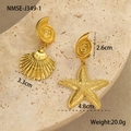 Detail of gold seashell and starfish earrings set on stone with size measurements - Gold Starfish Conch Asymmetric Dangle (NMSE-J349-1)