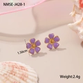 Close-up of a lavender floral stud earring with gold edges and measurement details - One Size / Purple Flower Stud Earrings (NMSE-J428-1)