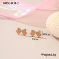 Detail of pink enamel bow stud earring with white crystal trim and gold base plating - One Size / Pink Bowknot Stud Earrings (NMSE-J431-2)