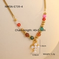 Detail showing gold titanium necklace with colorful beads and a white pearl cross pendant - Multicolor Faceted Beads with Cross Pearl Inlaid Pendant Style (NMSN-E739-4)