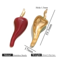 Red enamel chili pepper pendant in stainless steel showing front and back view details - Red