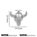 Polished silver stainless steel bull skull pendant with precise measurement details - Striped Horn Style - 1033 - Steel Color (Horn Pendant Striped - 1033 - Steel Color)