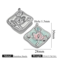 Floral oil painting style stainless steel lotus charm in pink and green enamel - Lotus Shaped Rectangular Style (Z2647S5)