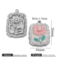 Floral oil painting style stainless steel pendant with pink flower and white pearl inlay - Rectangular Floral Pearl Style (Z2647S6)