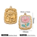 Pair of stainless steel flower pendants in gold relief and pink oil-painted floral designs - Gold Rectangular Floral Pearl Style (Z2647G6)