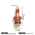 Golden stainless steel lipstick charm with red enamel and heart bow detail for DIY jewelry - Red Lipstick