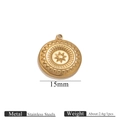 18K gold plated stainless steel sunburst coin charm with star relief, 15mm diameter - Round Star Style / Gold