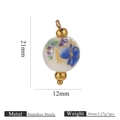 Pendente sferico in ceramica floreale blu e acciaio inossidabile dorato 21x12mm - Orchidea Oro 12mm