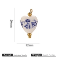 Ciondolo a cuore in ceramica a fiori blu con finiture in acciaio inossidabile dorato - Cuore Floreale Blu