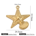 Gold plated stainless steel starfish pendant with shell detail and 2mm hole size - Starfish Shell Combo / Gold Star Shell (KY151)